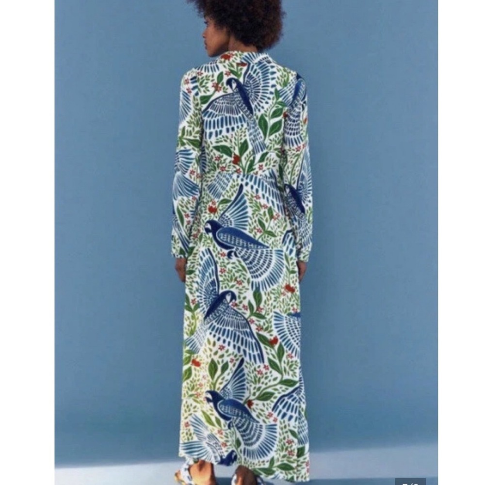 Farm Rio NWT Off-White Macaw Flight Maxi Dress Tropical Bird Print Long Sleeve L - Picture 15 of 16